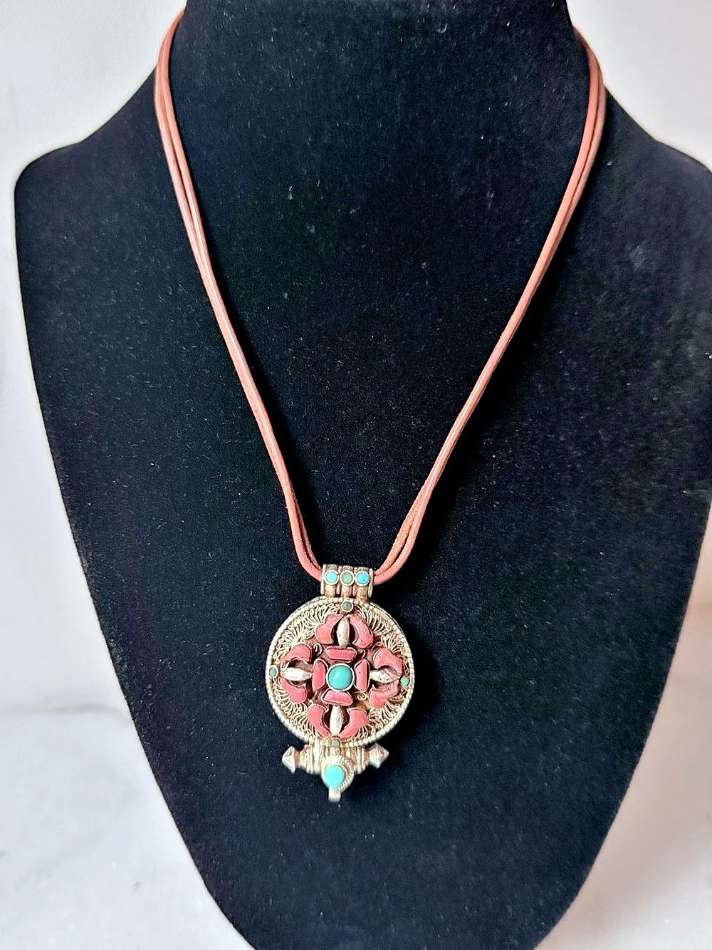 Vintage Tibetan Silver Ghau Prayer Box Pendant Necklace • Coral & Turquoise ….